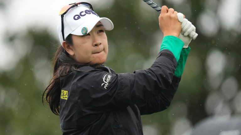 A Lim Kim of South Korea watches her tee shot on the sixth hole during the second round of the LPGA Ladies Championship golf tournament at the Seowon Valley Country Club in Paju, South Korea, Friday, Oct. 18, 2024. (Lee Jin-man/AP)