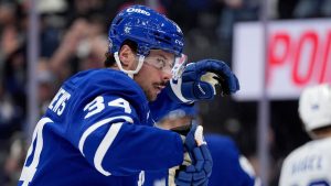 Toronto Maple Leafs centre Auston Matthews (34) celebrates his goal during second period NHL hockey action against the Tampa Bay Rays, in Toronto, Monday, Oct. 21, 2024. (Frank Gunn/CP Photo)