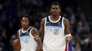 Minnesota Timberwolves guard Anthony Edwards (5) reacts to an official's call during the first half of an NBA basketball game against the Sacramento Kings. (Ellen Schmidt/AP)