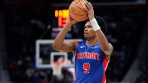 Detroit Pistons forward Ausar Thompson plays during the first half of an NBA basketball game against the Dallas Mavericks, Saturday, March 9, 2024, in Detroit. (Carlos Osorio/AP Photo)