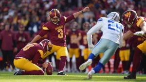 Washington Commanders place kicker Austin Seibert kicks a 41-yard field goal during the first half of an NFL game against the Dallas Cowboys, Sunday, Nov. 24, 2024, in Landover, Md. (AP/Stephanie Scarbrough)