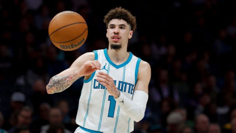 Charlotte Hornets guard LaMelo Ball catches a pass during the second half of an NBA basketball game against the Orlando Magic in Charlotte, N.C., Monday, Nov. 25, 2024. (Nell Redmond/AP)