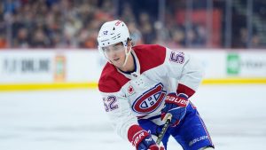 Montreal Canadiens' Justin Barron plays during an NHL hockey game, Wednesday, Jan. 10, 2024, in Philadelphia. (Matt Slocum/AP)