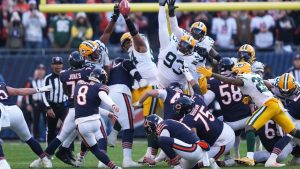 Green Bay Packers' Karl Brooks blocks a field goal attempt of Chicago Bears' Cairo Santos during the second half of an NFL football game Sunday, Nov. 17, 2024, in Chicago. The Packers won 20-19. (AP Photo/Charles Rex Arbogast)