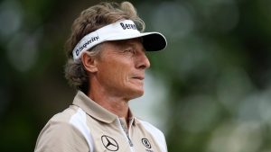 Bernhard Langer watches his shot off the tenth tee during the final round of the Champions Tour Principal Charity Classic golf tournament, Sunday, June 2, 2024, in Des Moines, Iowa. (Charlie Neibergall/AP)