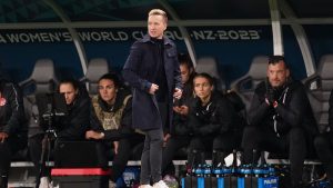 Canada coach Bev Priestman looks on during Group B soccer action against Australia at the FIFA Women's World Cup in Melbourne, Australia, Monday, July 31, 2023. (Scott Barbour/CP Photo)