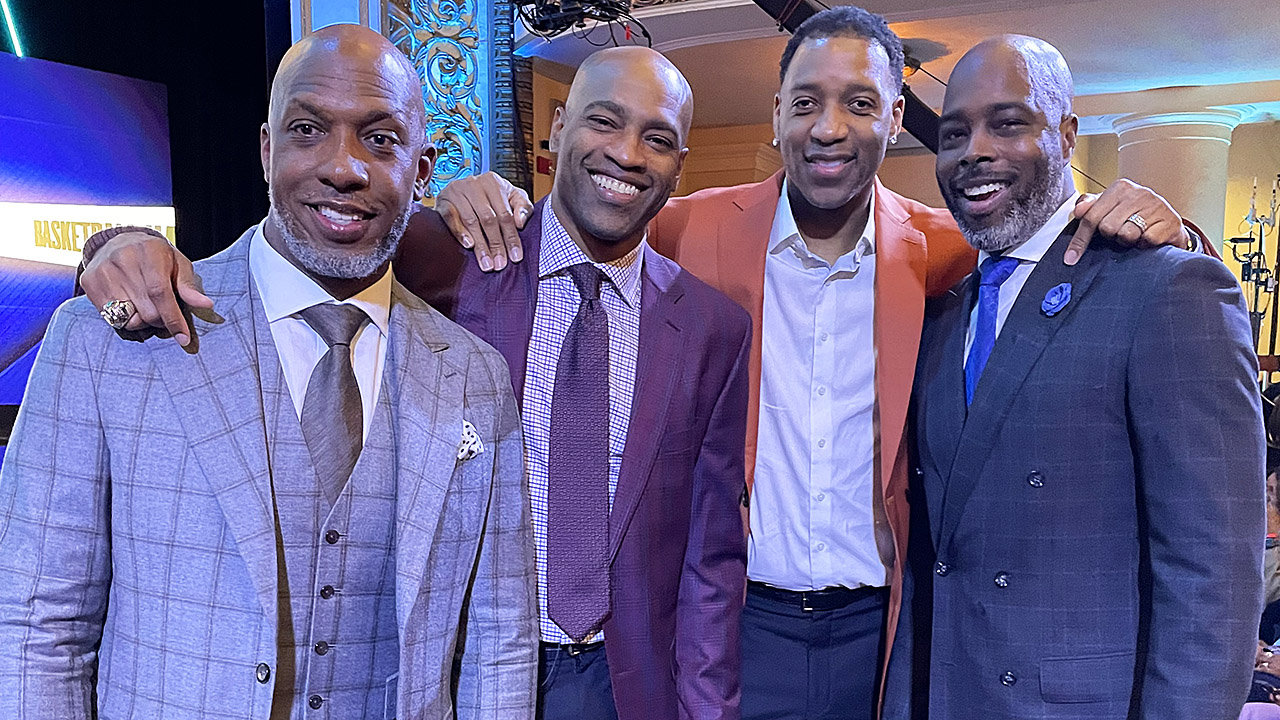 A Raptors reunion at the Hall: Chauncey Billups, Vince Carter, Tracy McGrady and Alvin Williams. (Photo courtesy Dave Haggith)