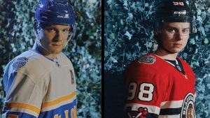 Chicago Blackhawks forward Connor Bedard and St. Louis Blues defenceman Colton Parayko in the 2025 Winter Classic jerseys by Fanatics. (Photo Credit: NHL/Fanatics)