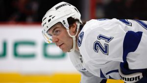 Tampa Bay Lightning's Brayden Point watches the puck against the Carolina Hurricanes during the second period of an NHL game in Raleigh, N.C., Friday, Oct. 11, 2024. (AP/Karl B DeBlaker)