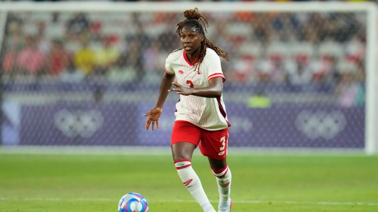 Canada's Kadeisha Buchanan participates during a women's Group A soccer match between Colombia and Canada at the 2024 Summer Olympics, Wednesday, July 31, 2024, at Nice Stadium in Nice, France. (Julio Cortez/AP)