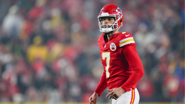 Kansas City Chiefs place kicker Harrison Butker lines up to kick a point-after during the second half of an NFL football game against the Tampa Bay Buccaneers, Monday, Nov. 4, 2024 in Kansas City, Mo. (Reed Hoffmann/AP)