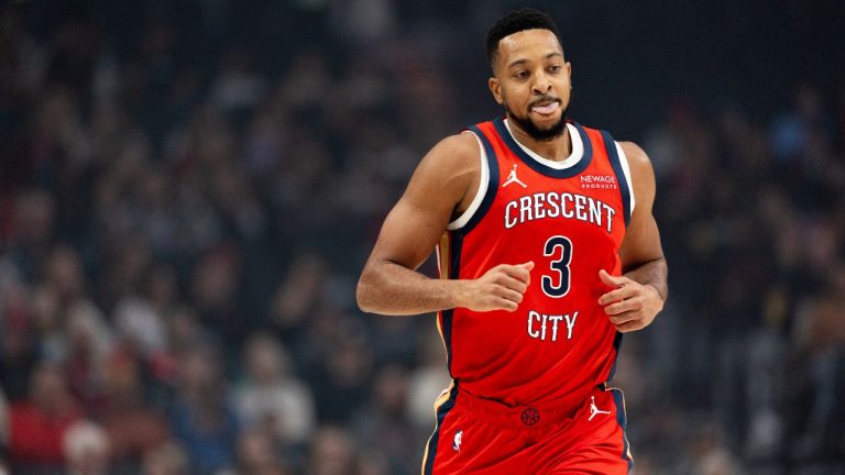 New Orleans Pelicans guard CJ McCollum reacts after he made a basket against the Portland Trail Blazers during the first half of an NBA basketball game Sunday, Oct. 27, 2024, in Portland, Ore. (AP Photo/Howard Lao)