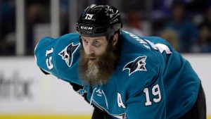 FILE - In this Jan. 23, 2018, file photo, San Jose Sharks' Joe Thornton (19) looks on during the second period of an NHL hockey game against the Winnipeg Jets in San Jose, Calif. The Sharks opened training camp Friday, Sept. 14, 2018, with a healthy Thornton on the ice having recovered from a second major knee surgery in the past two years. (AP Photo/Marcio Jose Sanchez, File) 