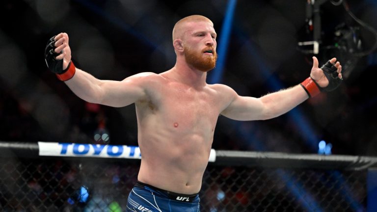 Bo Nickal reacts after defeating Jamie Pickett in a UFC 285 mixed martial arts middleweight bout Saturday, March 4, 2023, in Las Vegas. (AP/David Becker)