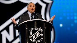 NHL commissioner Gary Bettman speaks during the first round of the NHL hockey draft Friday, June 28, 2024, in Las Vegas. (Steve Marcus/AP) 