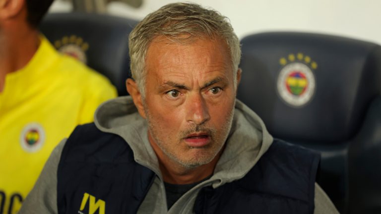 Fenerbahce's head coach Jose Mourinho reacts prior to the Europa League opening phase soccer match between Fenerbahce and Union SG at the Sukru Saracoglu stadium in Istanbul, Turkey, Thursday, Sept. 26, 2024. (AP Photo) 