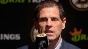 Boston Bruins general manager Don Sweeney answers a reporter's question, Monday, Sept. 30, 2024, in Boston. (Charles Krupa/AP) 