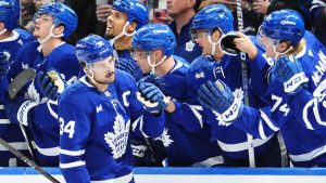 Toronto Maple Leafs' Auston Matthews (34) celebrates his goal against the Los Angeles Kings during first period NHL hockey action in Toronto, on Wednesday, October 16, 2024. (Frank Gunn/CP)