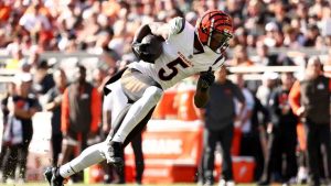 Cincinnati Bengals wide receiver Tee Higgins (5) runs with the ball during an NFL football game against the Cleveland Browns, Sunday, Oct. 20, 2024, in Cleveland. (Kirk Irwin/AP)