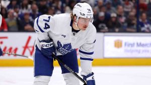 Toronto Maple Leafs forward Bobby McMann waits on the puck drop against the Columbus Blue Jackets during an NHL hockey game in Columbus, Ohio, Tuesday, Oct. 22, 2024. The Blue Jackets won 6-2. (Paul Vernon/AP)