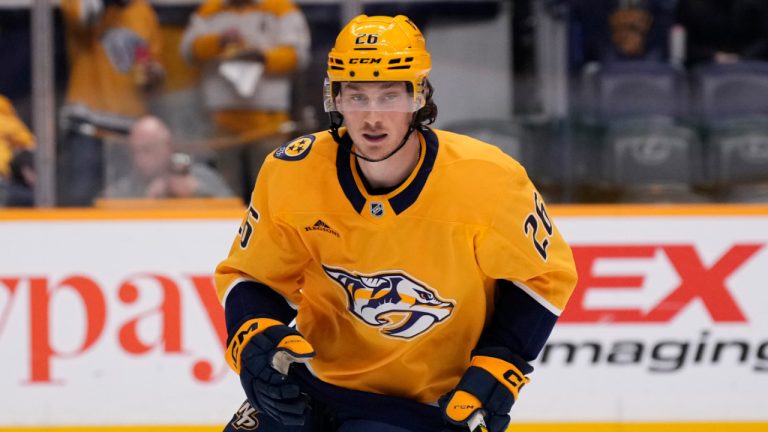 Nashville Predators center Philip Tomasino (26) plays during the first period of an NHL hockey game against the Edmonton Oilers, Thursday, Oct. 17, 2024, in Nashville, Tenn. (George Walker IV/AP) 