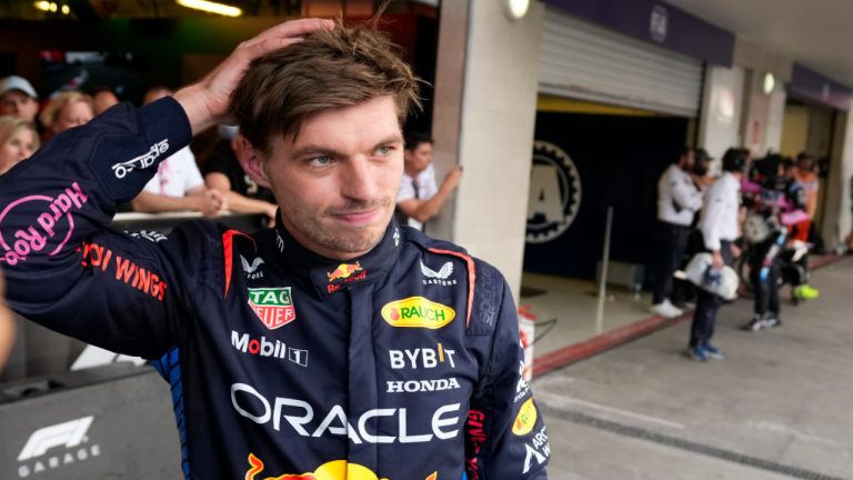 Red Bull driver Max Verstappen, of the Netherlands, reacts after finishing second in the qualifying session of the Formula One Mexico Grand Prix auto race, at the Hermanos Rodriguez racetrack in Mexico City, Saturday, Oct. 26, 2024. (Moises Castillo/AP) 