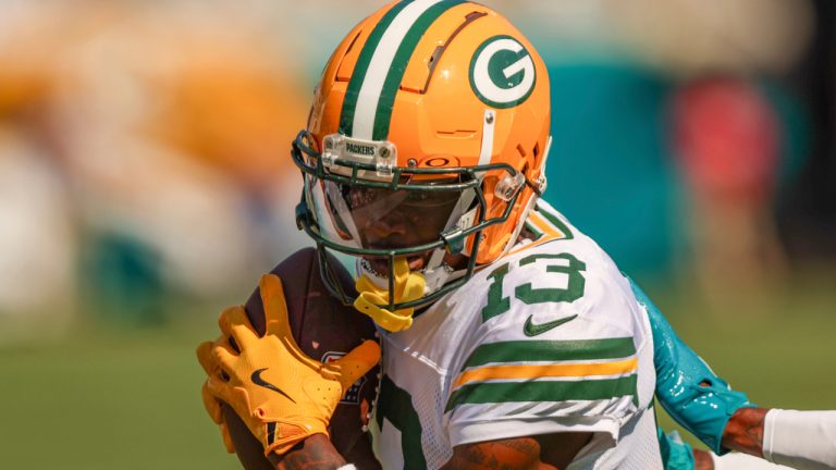 Green Bay Packers running back MarShawn Lloyd (32) catches a pass during an NFL football game against the Jacksonville Jaguars, Sunday, Oct. 27, 2024, in Jacksonville, Fla. Green Bay defeated the Jaguars 30-27. (AP Photo/Gary McCullough)