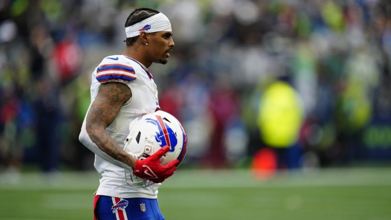 Buffalo Bills wide receiver Keon Coleman looks on during an NFL football game against the Seattle Seahawks, Sunday, Oct. 27, 2024 in Seattle. The Bills defeated the Seahawks 31-10. (AP)