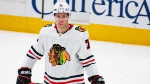 Chicago Blackhawks left wing Taylor Hall (71) waits for play to resume during the third period of an NHL hockey game against the Dallas Stars, Saturday, Oct. 26, 2024, in Dallas. (Emil T. Lippe/AP) 