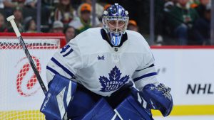 Toronto Maple Leafs goaltender Anthony Stolarz watches the action during the third period of an NHL game against the Minnesota Wild, Sunday, Nov. 3, 2024, in St. Paul, Minn. (AP) 