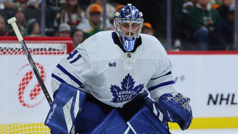 Toronto Maple Leafs goaltender Anthony Stolarz watches the action during the third period of an NHL game against the Minnesota Wild, Sunday, Nov. 3, 2024, in St. Paul, Minn. (AP) 