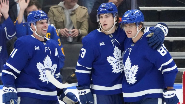 Toronto Maple Leafs forward Matthew Knies (23) celebrates his goal with teammates John Tavares (91) and William Nylander (88) during third period NHL hockey action in Toronto on Tuesday, November 5, 2024. (Nathan Denette/CP)