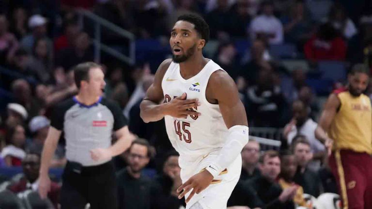 Cleveland Cavaliers guard Donovan Mitchell (45) reacts after making a 3-point basket in the second half of an NBA basketball game against the New Orleans Pelicans in New Orleans, Wednesday, Nov. 6, 2024. The Cavaliers won 131-122. (Gerald Herbert/AP)