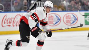 Ottawa Senators center Tim Stutzle (18) skates during the second period of an NHL hockey game against the Buffalo Sabres in Buffalo, N.Y., Tuesday, Nov. 5, 2024. (Adrian Kraus/AP) 