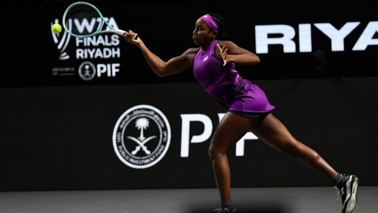 Coco Gauff of the U.S. in action during her women's singles semi final match against Belarus' Aryna Sabalenka at King Saud University Indoor Arena, in Riyadh, Saudi Arabia, Friday, Nov. 8, 2024. (AP Photo) 