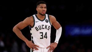 Milwaukee Bucks forward Giannis Antetokounmpo (34) reacts during the first half of an NBA basketball game against the New York Knicks Friday, Nov. 8, 2024, in New York. The Knicks won 116-94. (Adam Hunger/AP)