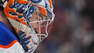 Edmonton Oilers goalie Stuart Skinner looks on during a stoppage in play during the third period against the Vancouver Canucks, in Vancouver, Nov. 9, 2024. (CP/Darryl Dyck)