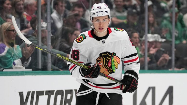 Chicago Blackhawks' Connor Bedard works against the Dallas Stars during an NHL hockey game in Dallas, Thursday, Nov. 7, 2024. (Tony Gutierrez/AP) 