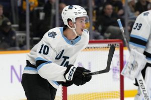 Utah Hockey Club defenceman Maveric Lamoureux plays against the Nashville Predators during the second period of an NHL hockey game Saturday, Nov. 9, 2024, in Nashville, Tenn. (Mark Humphrey/AP)