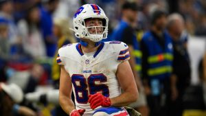 Buffalo Bills tight end Dalton Kincaid (86) looks up at the scoreboard during an NFL football game against the Indianapolis Colts, Sunday, Nov. 10, 2024, in Indianapolis. The Bills defeated the Colts 30-20. (AP Photo/Zach Bolinger)