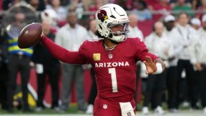 Arizona Cardinals quarterback Kyler Murray (1) throws the ball against the New York Jets during the first half of an NFL football game, Sunday, Nov. 10, 2024, in Glendale, Ariz. (Rick Scuteri/AP) 