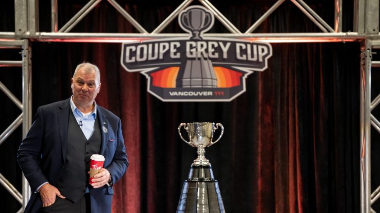 CFL Commissioner Randy Ambrosie speaks during a news conference ahead of the 111th CFL Grey Cup, in Vancouver, on Tuesday, November 12, 2024. (CP/Ethan Cairns)