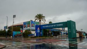 A general view of the Martin Carpena sportshall during the Billie Jean King Cup finals in Malaga, southern Spain, Wednesday, Nov. 13, 2024, after today's matches were canceled due to heavy rain and postponed until tomorrow. (AP Photo/Manu Fernandez)