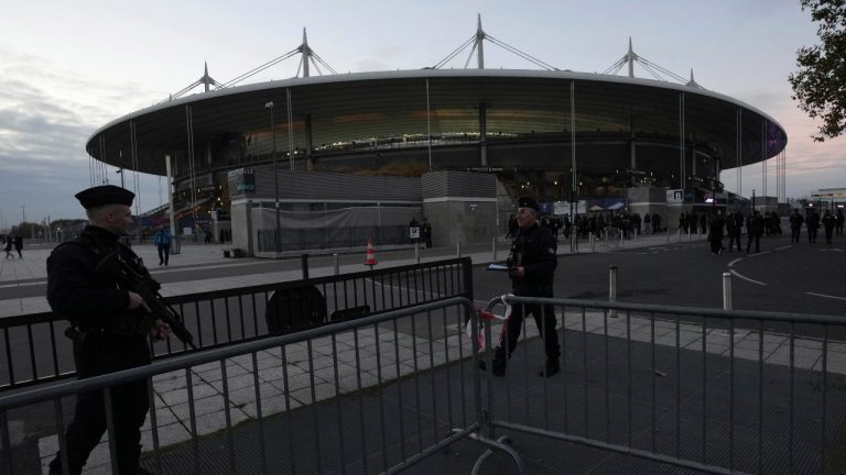 Police officers patrol in front of the stadium ahead of the Nations League soccer match France against Israel outside the Stade de France stadium, Thursday, Nov. 14, 2024 in Saint-Denis, outside Paris. (Aurelien Morissard/AP)