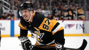 Pittsburgh Penguins' Sidney Crosby prepares to take a face-off during the second period of an NHL hockey game against the San Jose Sharks, Saturday, Nov. 16, 2024, in Pittsburgh. (Gene J. Puskar/AP) 