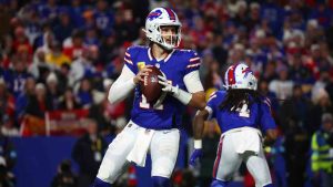 Buffalo Bills quarterback Josh Allen drops back to pass during the second half of an NFL football game against the Kansas City Chiefs Sunday, Nov. 17, 2024, in Orchard Park, N.Y. (Jeffrey T. Barnes/AP)