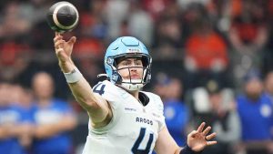 Toronto Argonauts quarterback Nick Arbuckle (4) passes against the Winnipeg Blue Bombers during first half CFL football action at the 111th Grey Cup in Vancouver on Sunday, November 17, 2024. (Frank Gunn/CP)