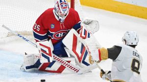 Vegas Golden Knights' Jack Eichel (9) takes a shot on Montreal Canadiens goaltender Sam Montembeault during first period NHL hockey action in Montreal, Saturday, November 23, 2024. (Graham Hughes/CP)