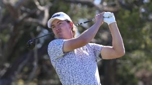 Maverick McNealy drives from the second tee during the final final round of the RSM Classic golf tournament, Sunday, Nov. 24, 2024, in St. Simons Island, Ga. (Gary McCullough/AP)