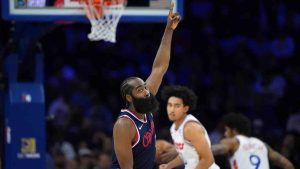 Los Angeles Clippers' James Harden reacts after scoring during the first half of an NBA basketball game against the Philadelphia 76ers, Sunday, Nov. 24, 2024, in Philadelphia. (Matt Slocum/AP)